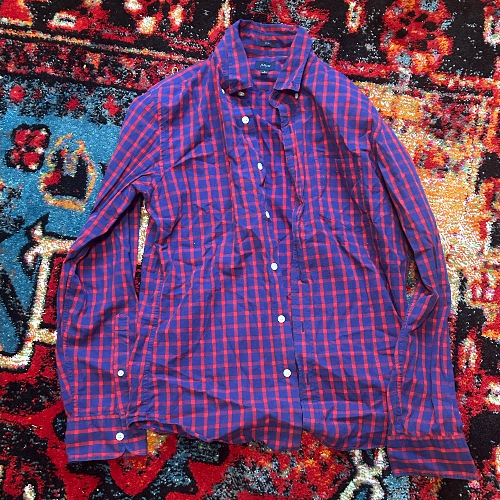 J. Crew Red and Blue Plaid Long Sleeve Button-Up Shirt - Medium Slim